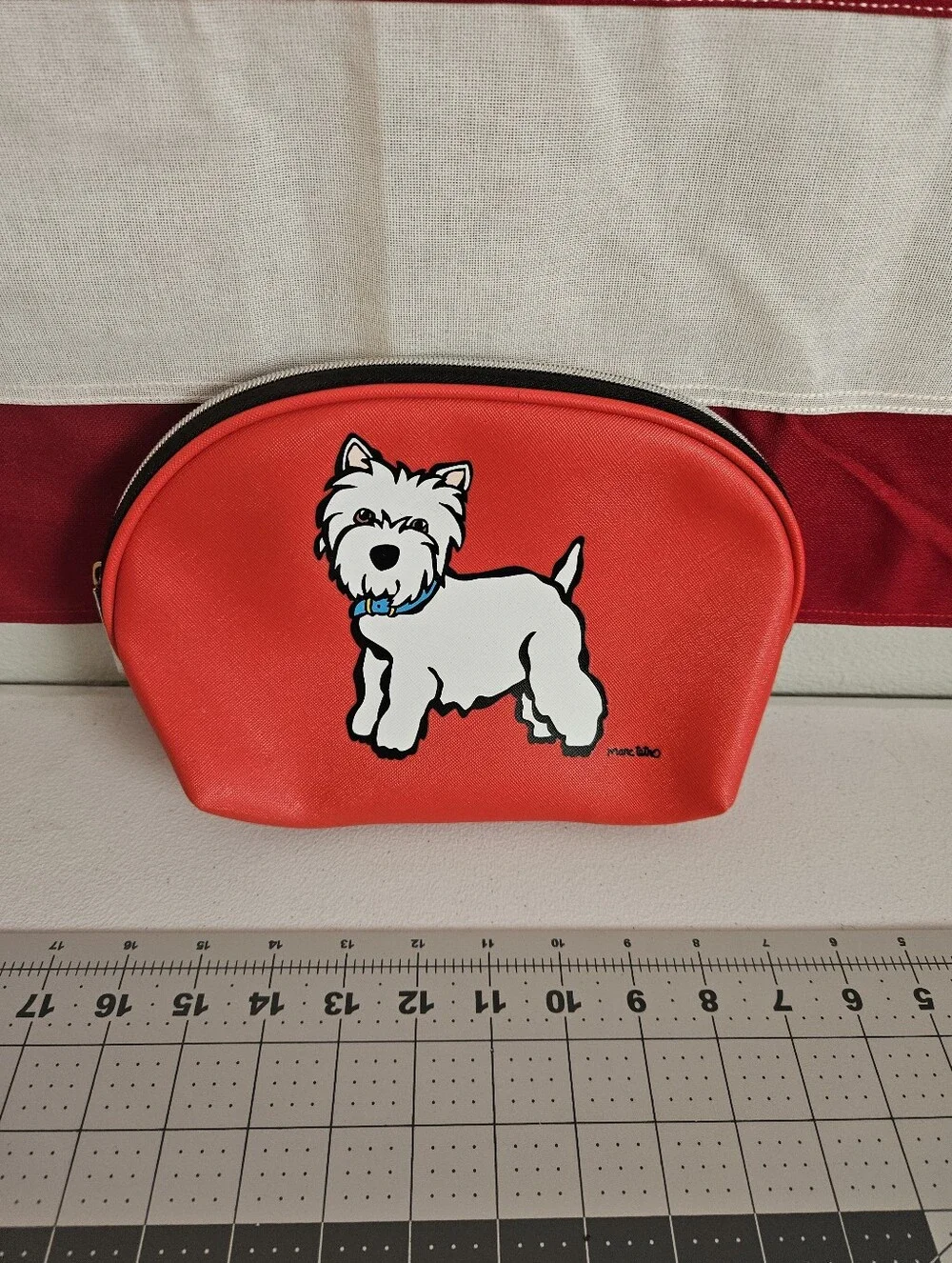Marc Tetro cosmetic bag Red w terrier pup Stripes Dog